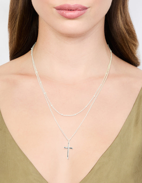 Silver Ball Chain Cross Layered Necklace