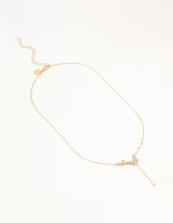 Gold Diamante Pearl Butterfly Y-Necklace
