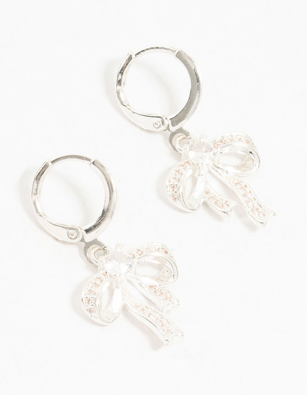 Silver Cubic Zirconia Huggie Bow Drop Earrings