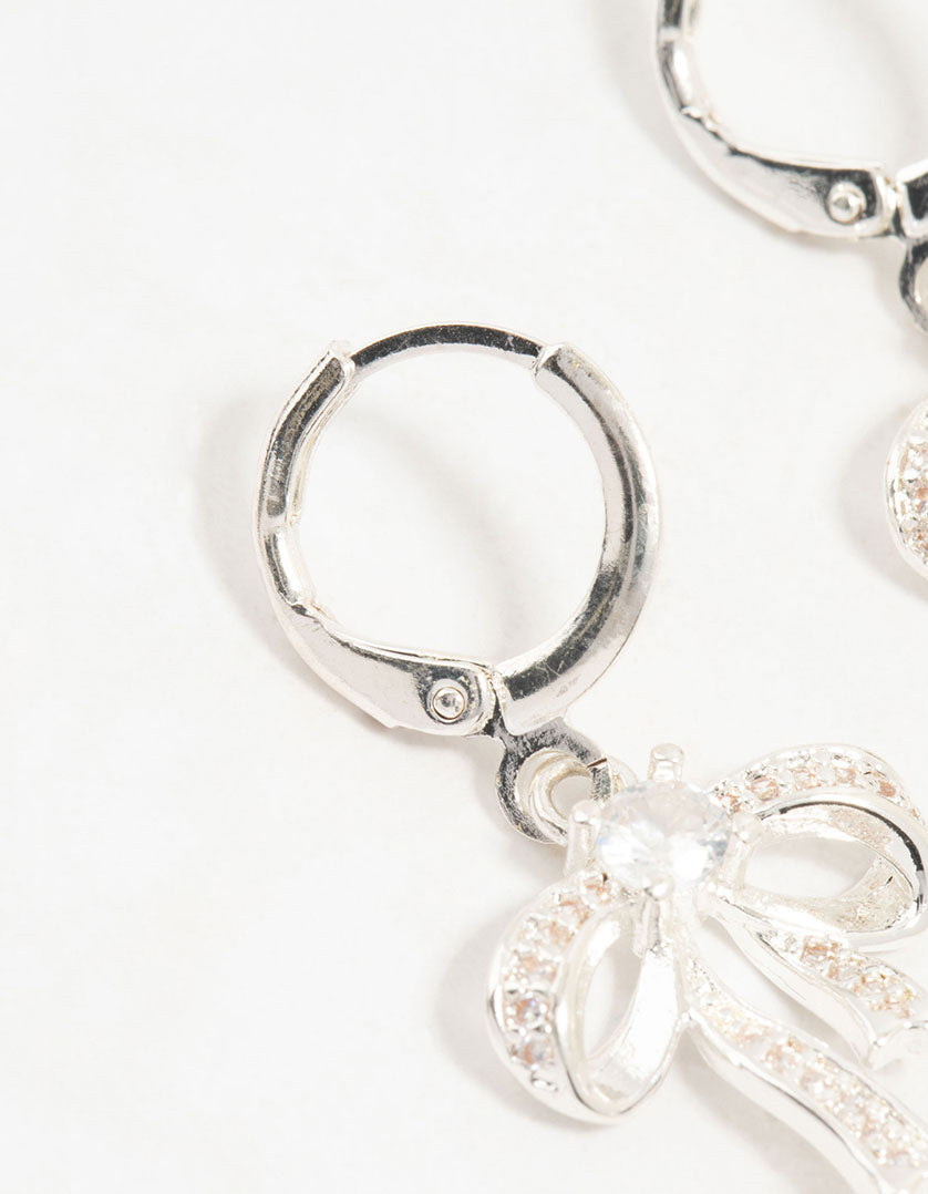 Silver Cubic Zirconia Huggie Bow Drop Earrings