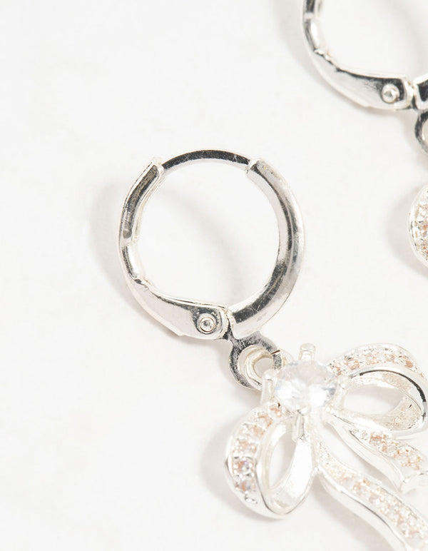 Silver Cubic Zirconia Huggie Bow Drop Earrings