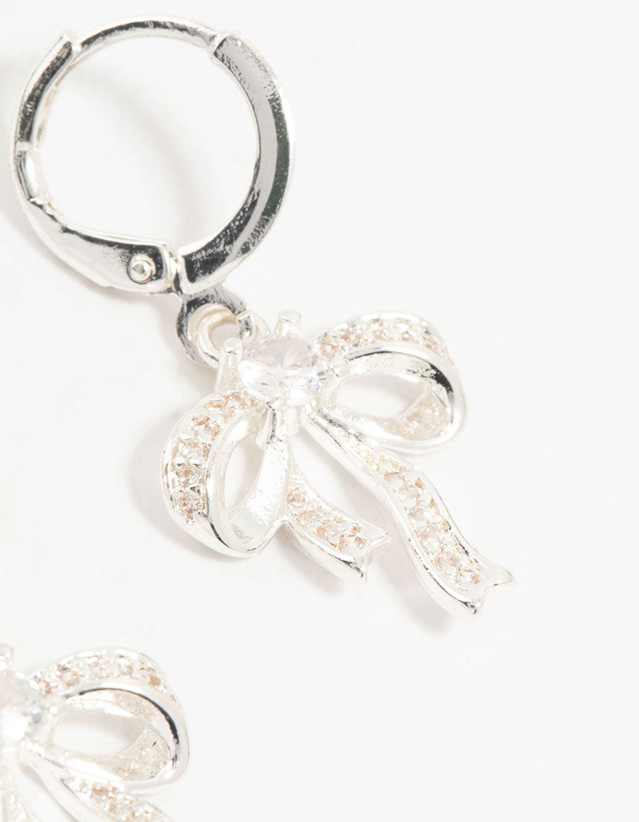 Silver Cubic Zirconia Huggie Bow Drop Earrings