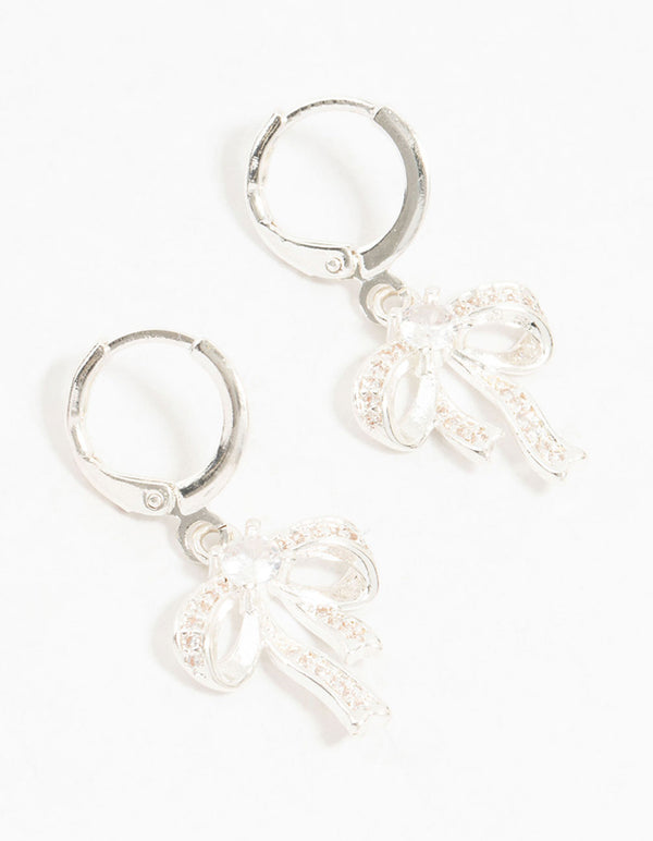 Silver Cubic Zirconia Huggie Bow Drop Earrings