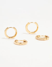 Gold Plated Cubic Zirconia & Sleek Huggie Earrings 2-Pack - link has visual effect only