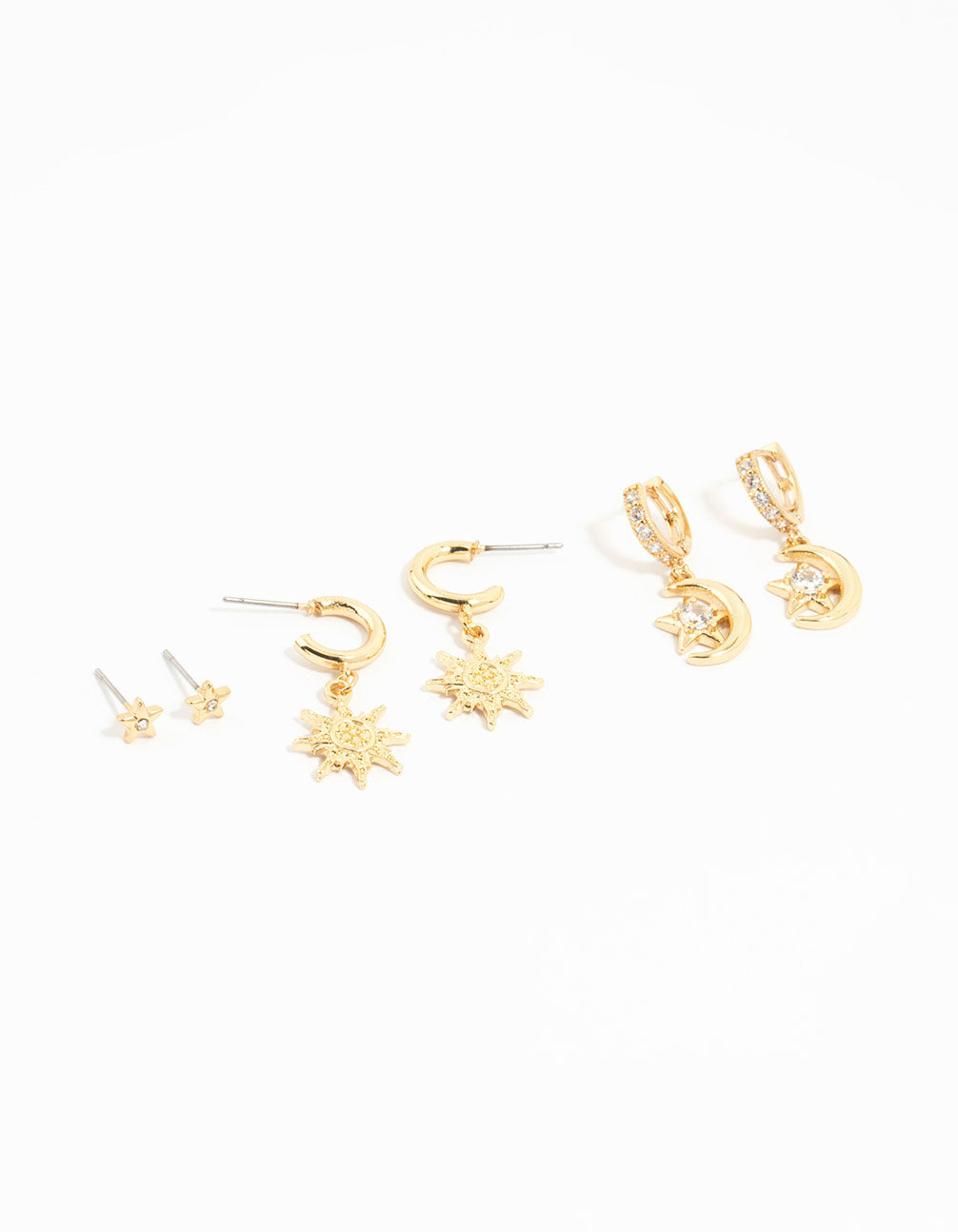 Gold Plated Cubic Zirconia Moon & Sun Earrings 3-Pack