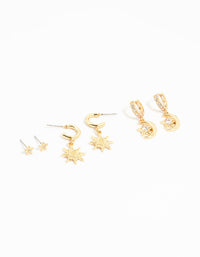 Gold Plated Cubic Zirconia Moon & Sun Earrings 3-Pack - link has visual effect only