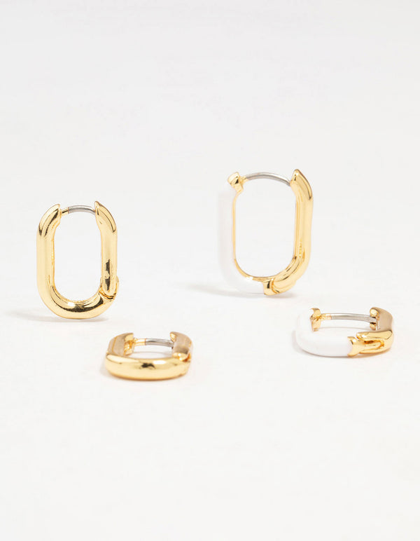 Gold Plated Enamel & Sleek Rectangular Hoop Earrings 2-Pack