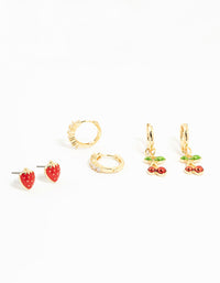 Gold Plated Cubic Zirconia Cherry & Strawberry Earrings 3-Pack - link has visual effect only