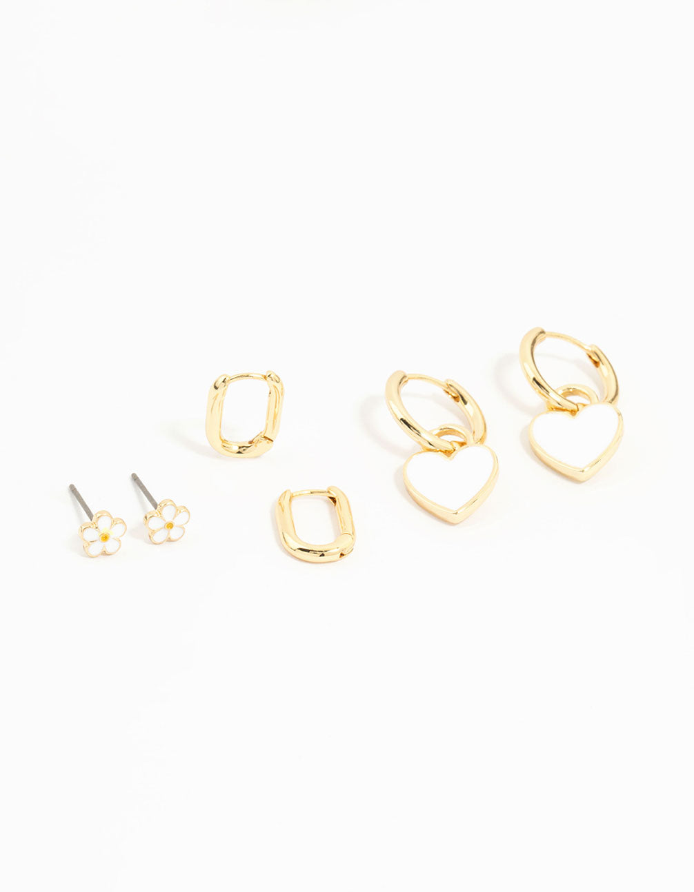 Gold Plated Enamel Flower & Heart Earrings 3-Pack