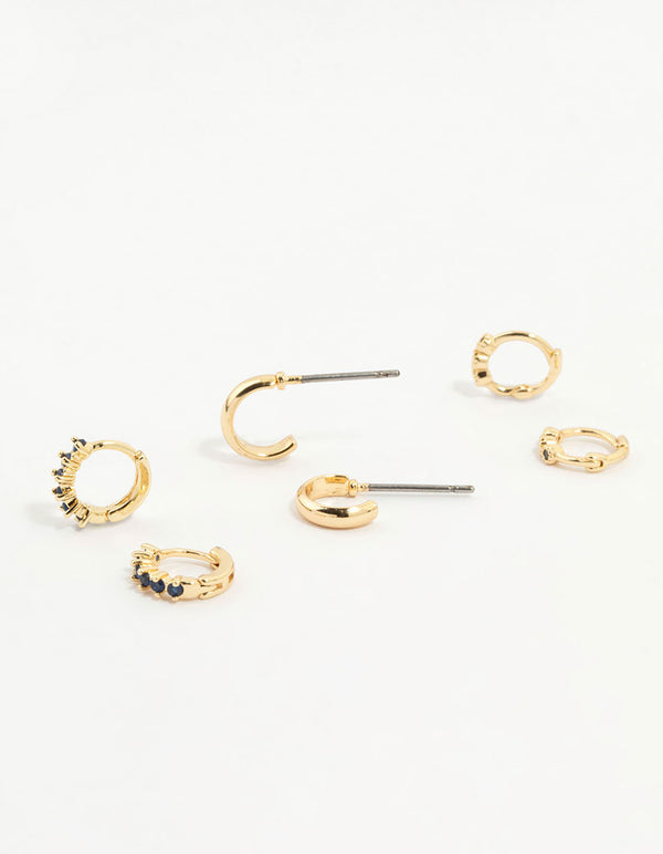 Gold Plated Cubic Zirconia Huggie Earrings 3-Pack