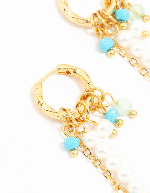 Gold Plated Blue & White Bead Huggie Earrings