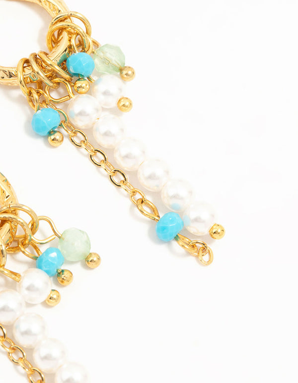 Gold Plated Blue & White Bead Huggie Earrings