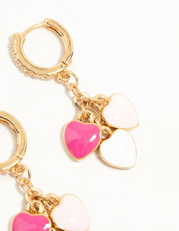 Gold Plated Pink & White Heart Huggie Earrings
