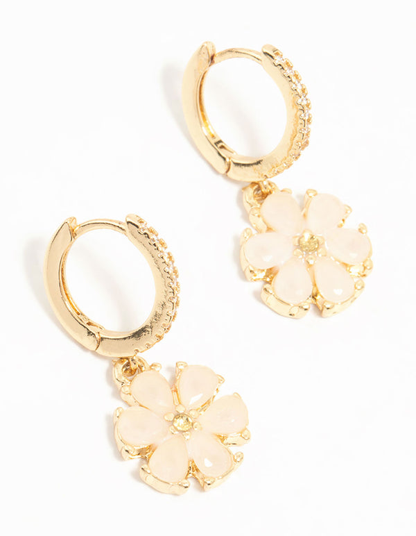 Gold Plated Pink Floral Cubic Zirconia Huggie Earrings