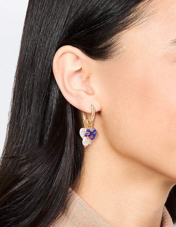 Gold Plated Pearl & Blue Heart Huggie Earrings