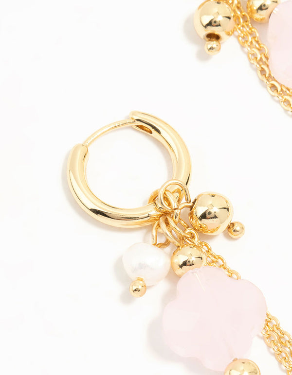 Gold Plated Pink Stone & Pearl Huggie Earrings