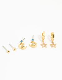 Gold Plated Blue Cubic Zirconia Moon & Star Earrings 3-Pack - link has visual effect only