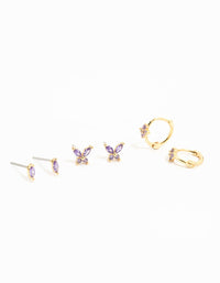 Gold Plated Purple Cubic Zirconia Butterfly Earrings 3-Pack - link has visual effect only