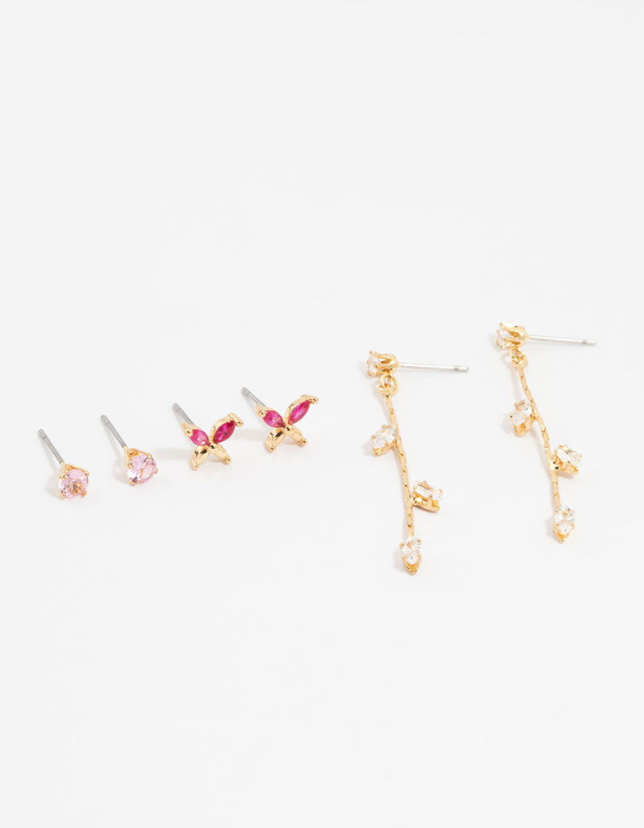 Gold Plated Cubic Zirconia Vine & Butterfly Earrings 3-Pack