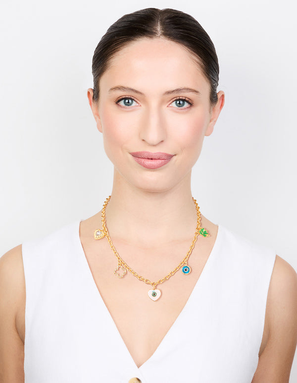 Gold Plated Evil Eye & Clover Charm Necklace