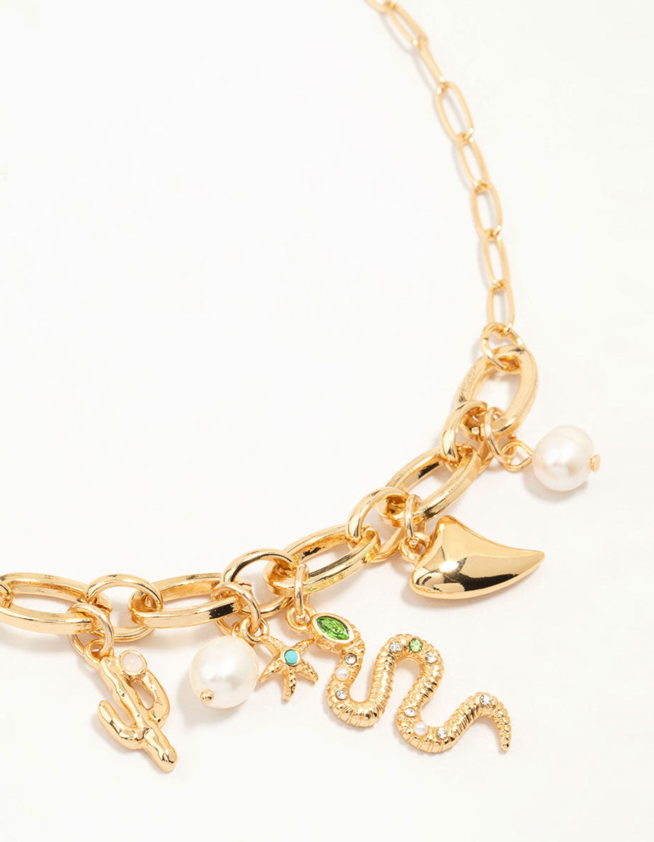 Gold Plated Pearl & Snake Charm Necklace