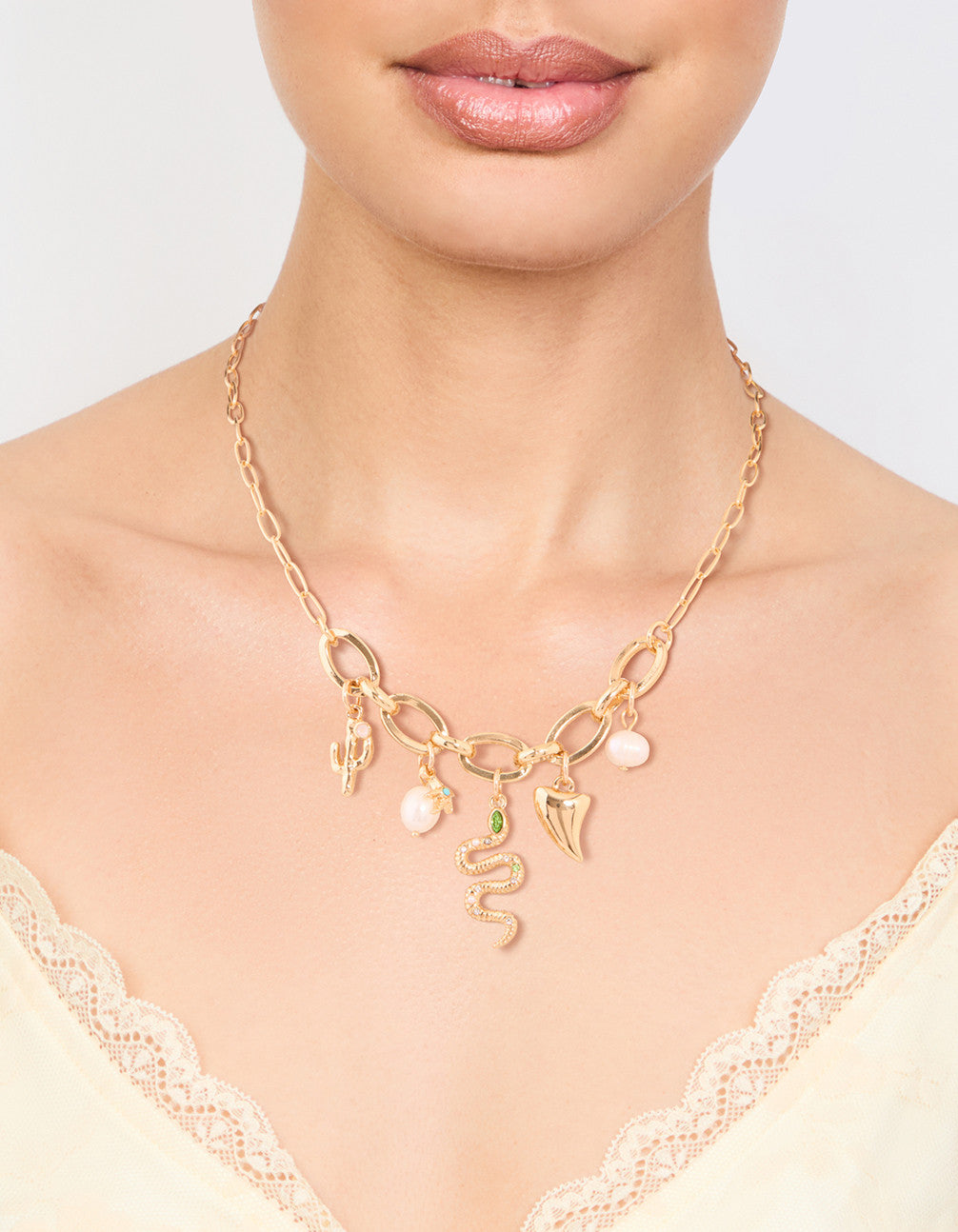 Gold Plated Pearl & Snake Charm Necklace