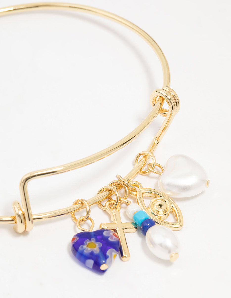 Gold Plated Heart & Pearl Charm Bangle