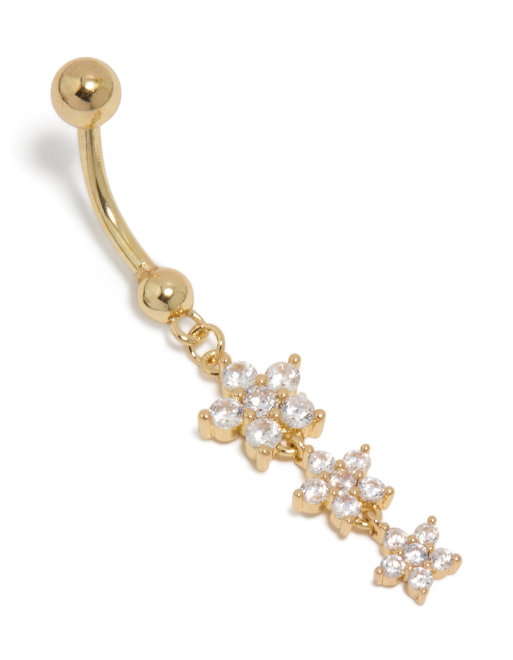 Showcasing a floral charm belly with cubic zirconia stones, surgical steel crafted in gold plated finish detail view