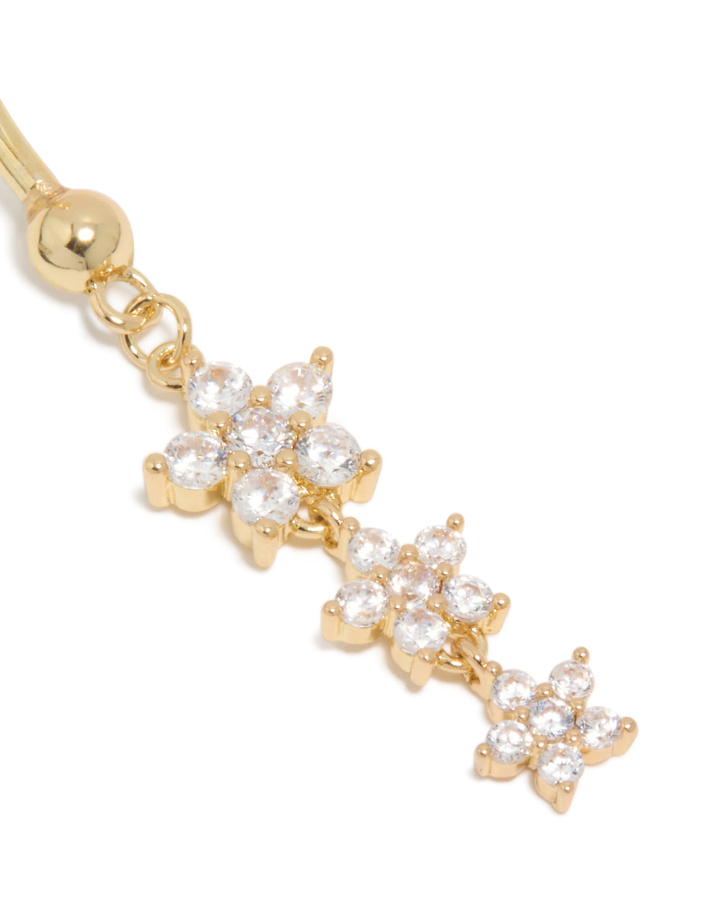 Showcasing a floral charm belly with cubic zirconia stones, surgical steel crafted in gold plated finish detail view