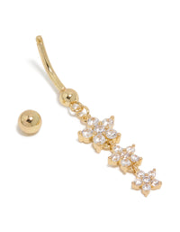 Showcasing a floral charm belly with cubic zirconia stones, surgical steel crafted in gold plated finish detail view - link has visual effect only