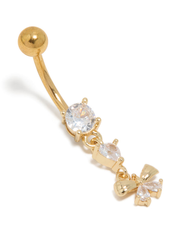 Showcasing a gold plated surgical steel belly bar with bow charm, and cubic zirconia front view