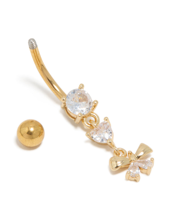 Highlighting a gold plated surgical steel belly bar with bow charm, and cubic zirconia detail view