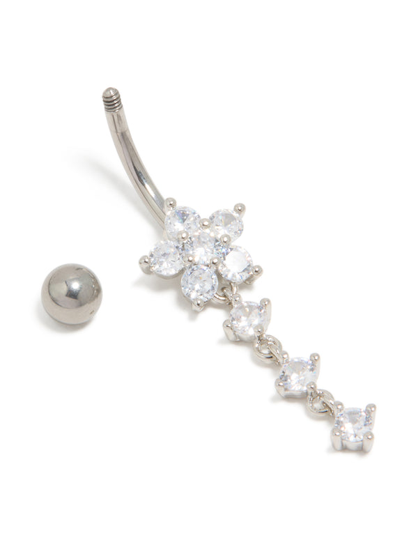 Titanium Cubic Zirconia Round Flower Drop Belly Bar