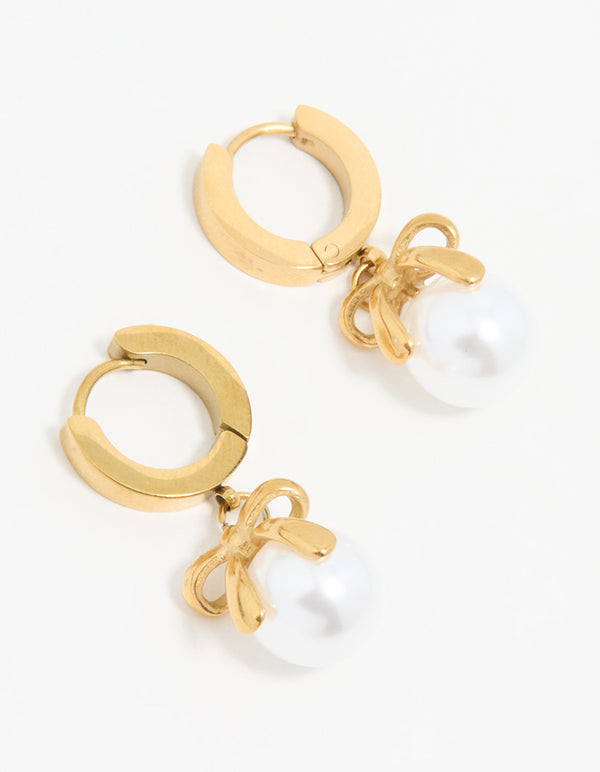 Waterproof Gold Plated Stainless Steel Pearl Huggie Earrings