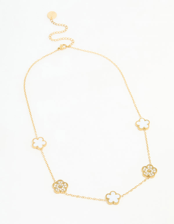 Waterproof Gold Plated Stainless Steel Diamante Flower Petal Charm Necklace