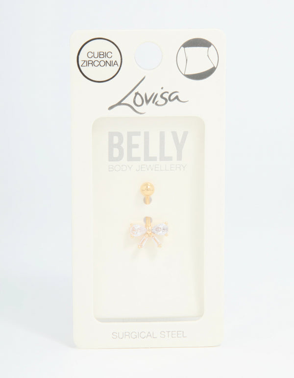 Gold Plated Surgical Steel Cubic Zirconia Bow Belly Bar