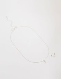 Silver Plated Baguette Diamante Necklace & Stud Earrings Set - link has visual effect only