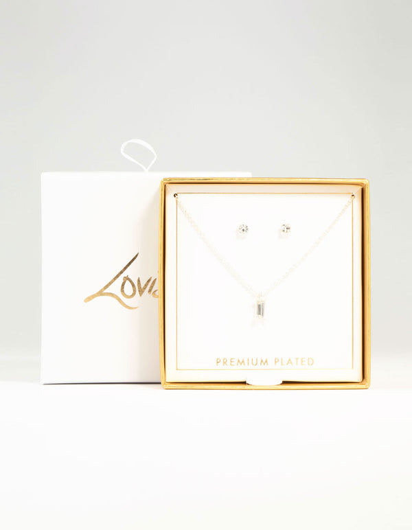 Silver Plated Baguette Diamante Necklace & Stud Earrings Set