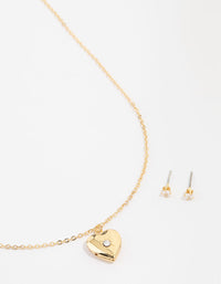 Gold Plated Cubic Zirconia Heart Locket Necklace & Stud Earrings Set - link has visual effect only