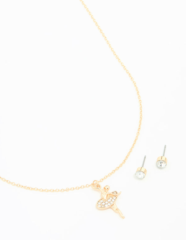 Gold Diamante Ballerina Necklace & Stud Earrings Set