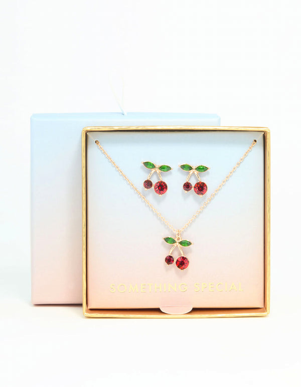 Gold Diamante Cherry Necklace & Earrings Set