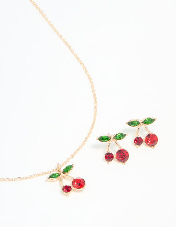 Gold Diamante Cherry Necklace & Earrings Set