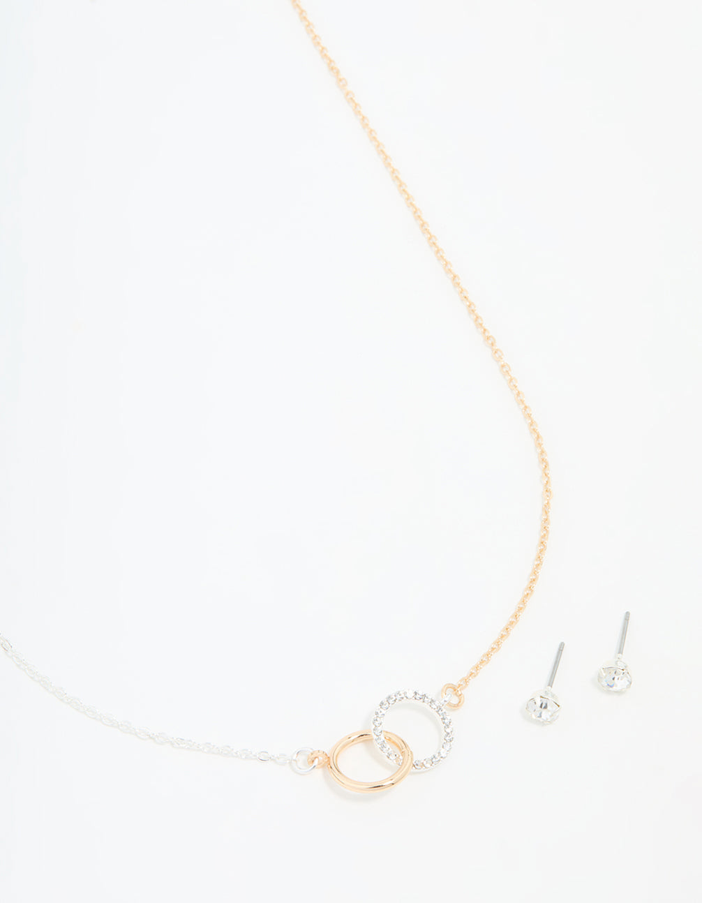 Mixed Metals Linked Circle Necklace & Stud Earrings Set
