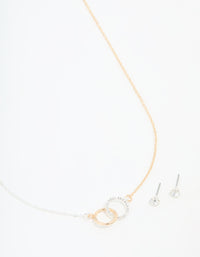 Mixed Metals Linked Circle Necklace & Stud Earrings Set - link has visual effect only