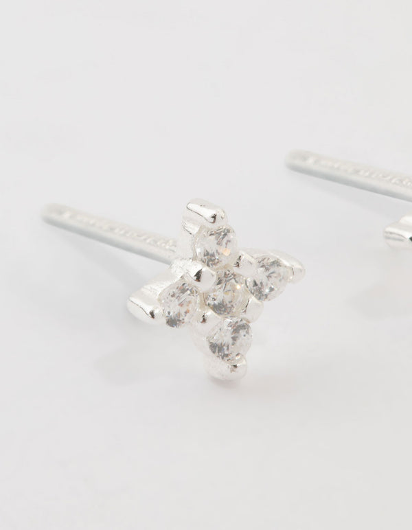 Sterling Silver Cubic Zirconia Micro Flower Stud Earrings