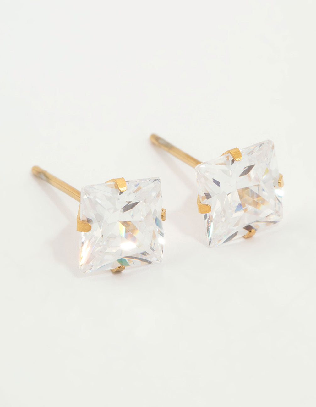 Beautifully crafted waterproof gold plated stainless steel princess cut cubic zirconia stud earrings front view