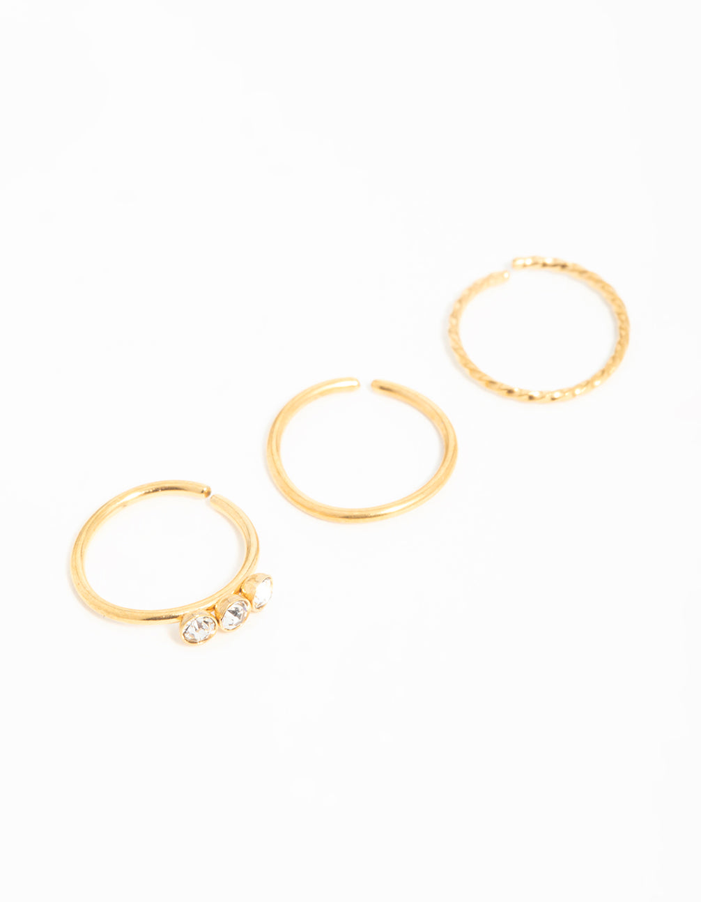 Gold Plated Surgical Steel Cubic Zirconia & Twisted Nose Rings 3-Pack