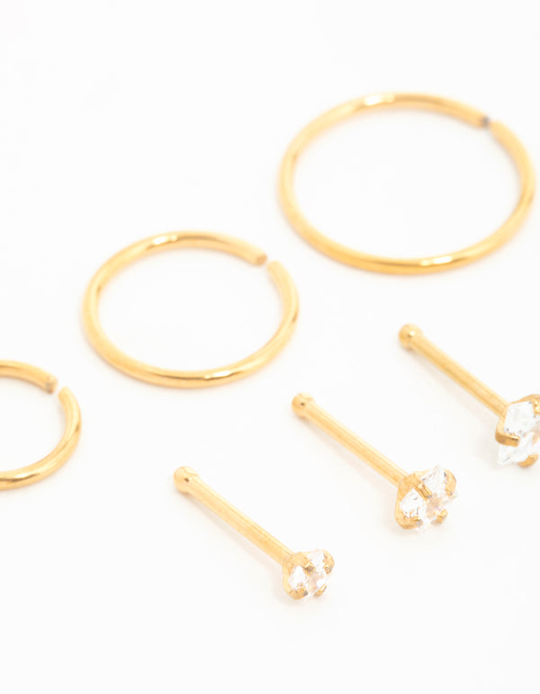 Gold Plated Surgical Steel Cubic Zirconia Stud & Hoop Nose Piercings 6-Pack