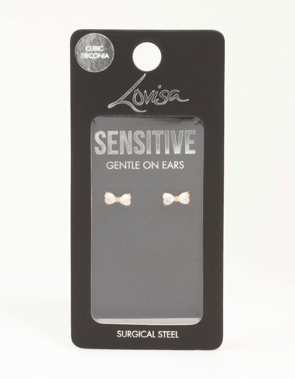 Gold Plated Surgical Steel Cubic Zirconia Heart Bow Stud Earrings