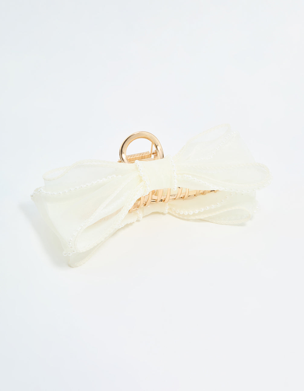 White Organza Fabric & Pearl Bow Claw Clip